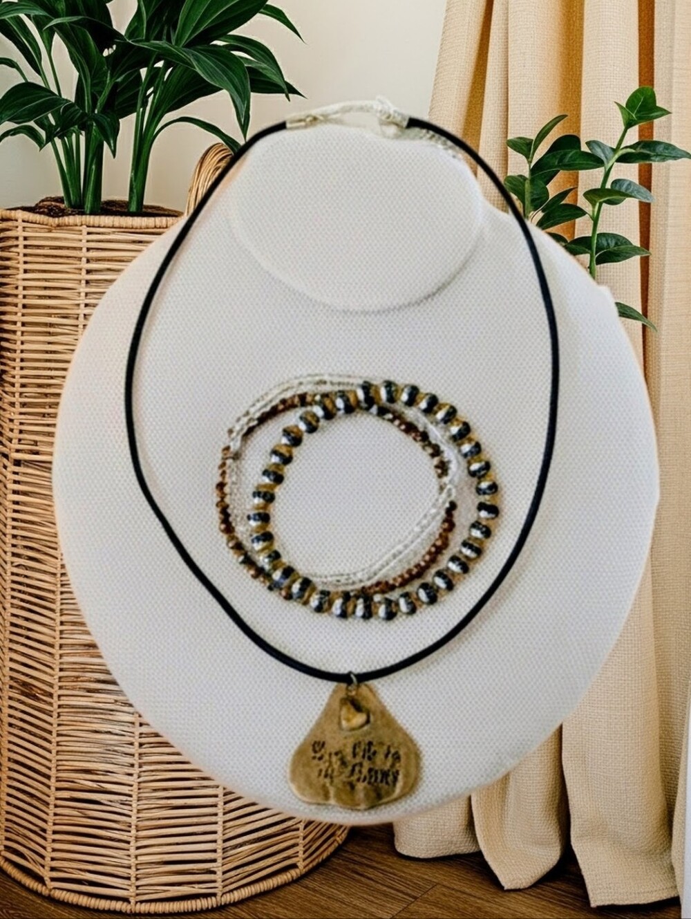 Set: Heart Charm With "Life Quote" On A Black Cord Necklace & Bracelets